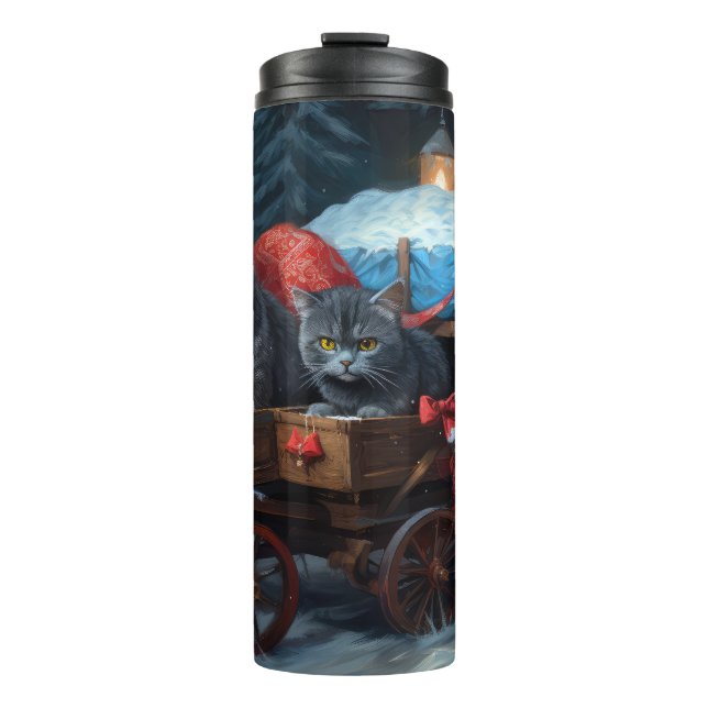 Oriental Blue Cat Snowy Sleigh Weihnachtsdekor Thermosbecher (Vorderseite)