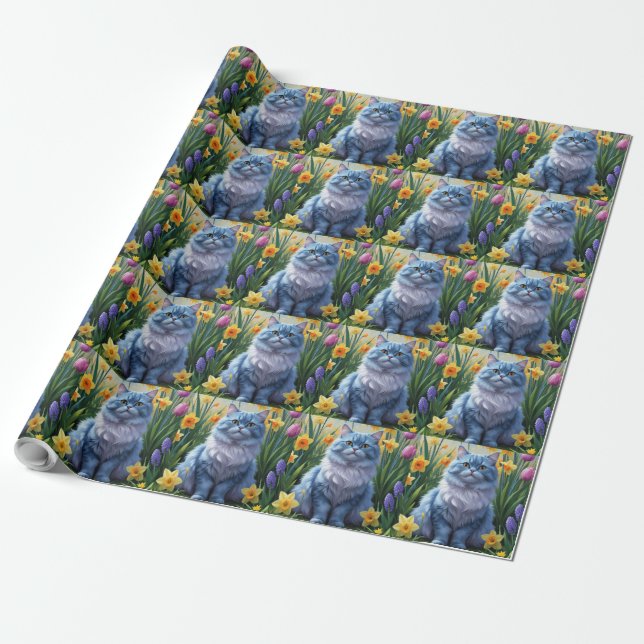 Oriental Blue Cat Spring Flowers Malerei Geschenkpapier (Ungerollt)