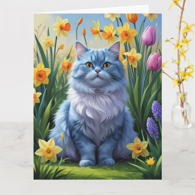 Oriental Blue Cat Spring Flowers Malerei Karte (Gelbe Blume)