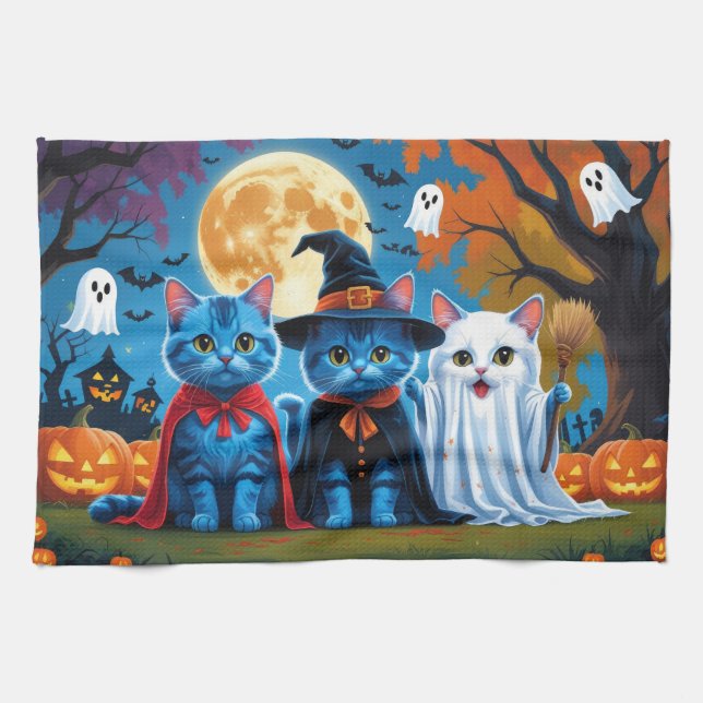 Oriental Blue Cats Pumpkin Halloween Funny Geschirrtuch (Horizontal)