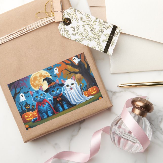 Oriental Blue Cats Pumpkin Halloween Funny Rechteckiger Aufkleber (Schenken)