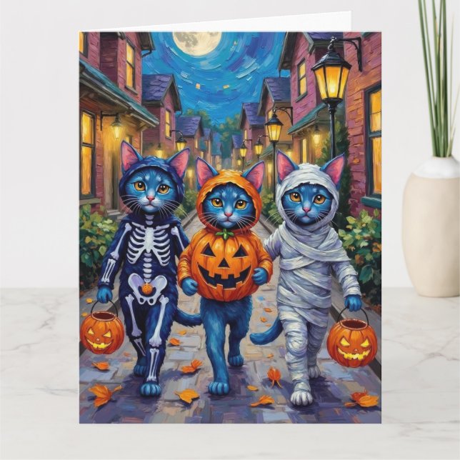 Oriental Blue Cats Trick-or-Treating Halloween Karte (Vorderseite)