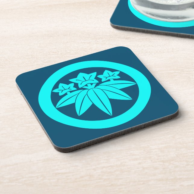 Oriental Blue Kamakura Minamoto Japan Mon Vector Getränkeuntersetzer (Linke Seite)
