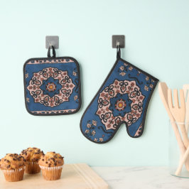 Oriental Blue Persian Türkisches Teppichmuster Ofenhandschuh & Topflappen-Set