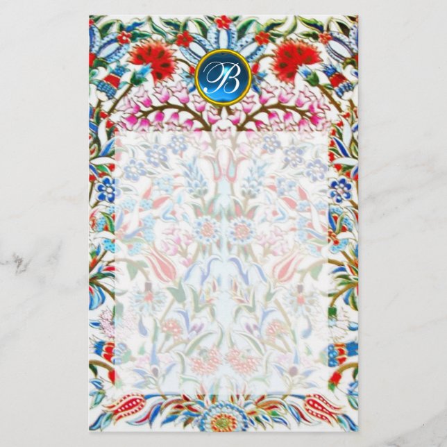 ORIENTAL BLUME DAMASK MONOGRAM Blue Saphir Briefpapier (Vorderseite)