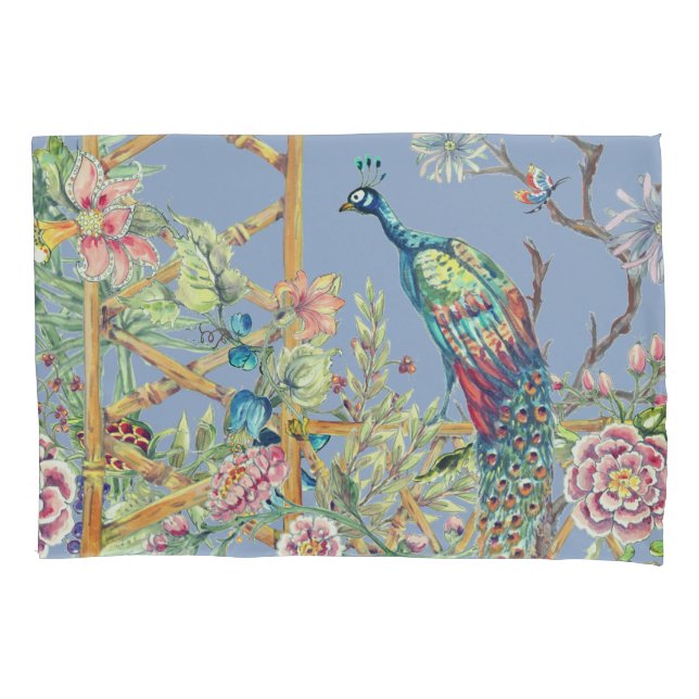 Oriental Floral Garden & Peacock Chinoiserie Blau Kissenbezug (Vorderseite)