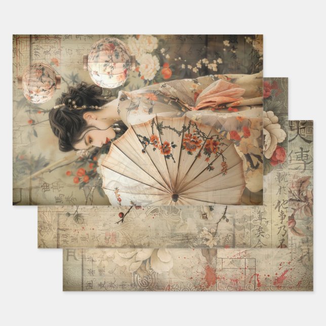 Oriental Geisha Ästhetik Schweres Gewicht Dekoupag Geschenkpapier Set (Set)