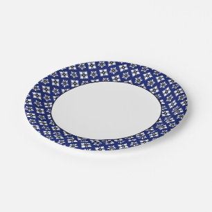 Oriental Indigo Weiß Katazome Blumen Muster Pappteller