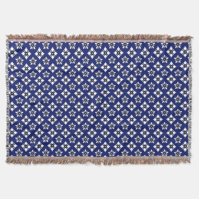 Oriental Indigo White Katazome Blume Muster Decke (Vorderseite)