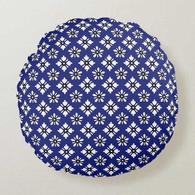 Oriental Indigo White Katazome Blume Muster Rundes Kissen (Vorderseite)