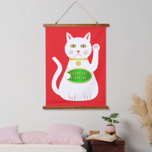 Oriental Lucky Cat Wandteppich Mit Holzrahmen