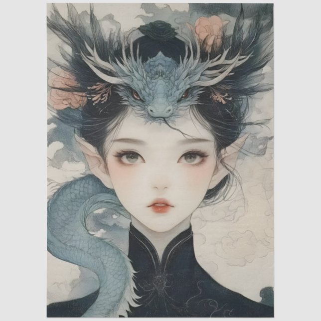 Oriental Mythological Nymph Fantasy Dragon Seidenpapier (Vorderseite)