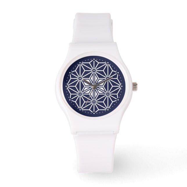 Oriental Navy Blue White Asanoha Japan Muster Armbanduhr (Vorderseite)