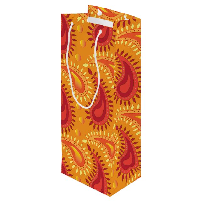 Oriental Orange Persian Paisley Pattern Geschenktüte Für Weinflaschen (Rückseite Schrägansicht)
