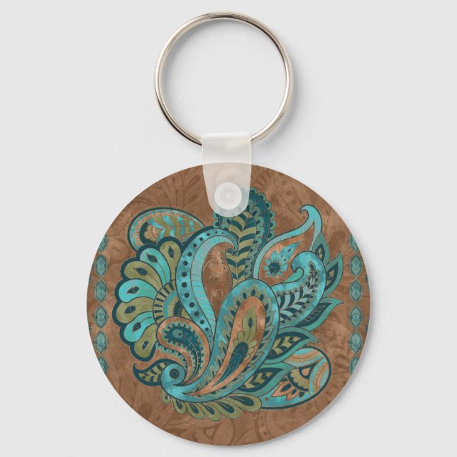 Oriental Paisley Pattern Wasserfarbe und Gold Schlüsselanhänger (Vorderseite)