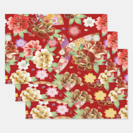 Oriental Red Gold Pink Modern Floral Geschenkpapier Set