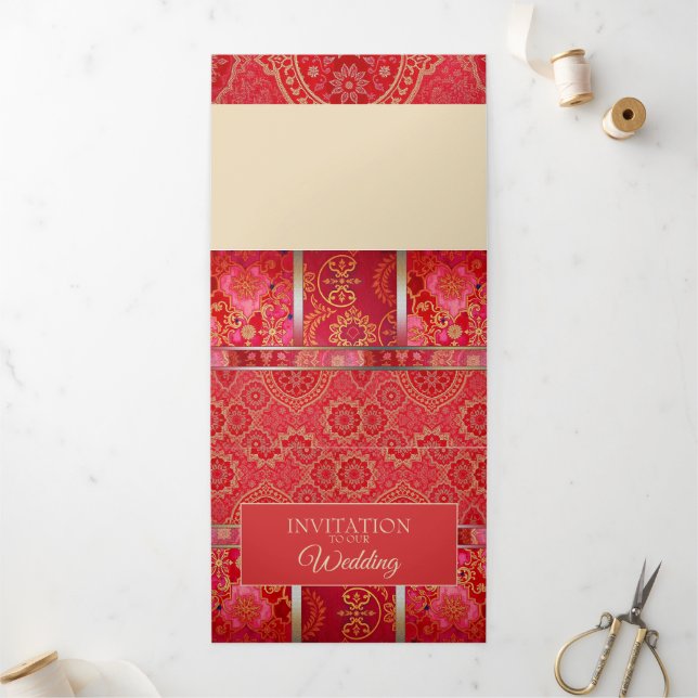 ORIENTAL Red Golden Pattern - Einladungskarte Dreifach Gefaltete Einladung (Außenbereich)
