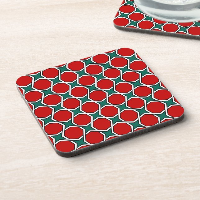 Oriental Red Green Arabic Egypt Geometric Pattern Getränkeuntersetzer (Linke Seite)