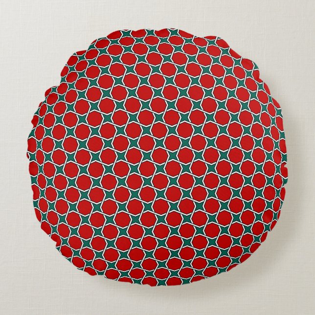 Oriental Red Green Arabic Egypt Geometric Pattern Rundes Kissen (Vorderseite)