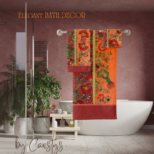 Oriental Red Rust Orange Florals Badhandtuch Set