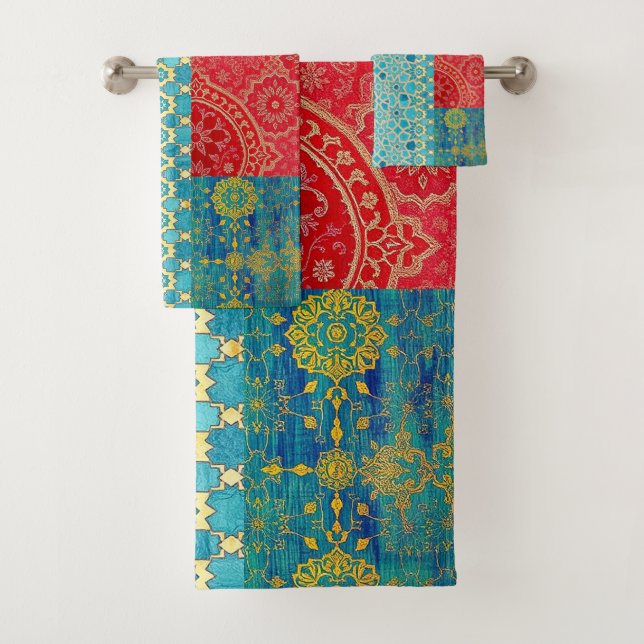 ORIENTAL Red Turquoise Pattern - Bath Towel Set (En situation)