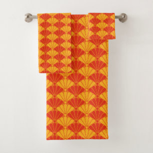 Oriental Red Yellow Kiku Chrysanthemum Mon Pattern Badhandtuch Set
