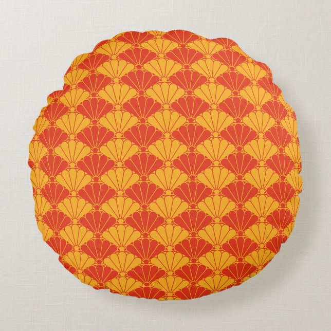 Oriental Red Yellow Kiku Chrysanthemum Mon Pattern Rundes Kissen (Vorderseite)
