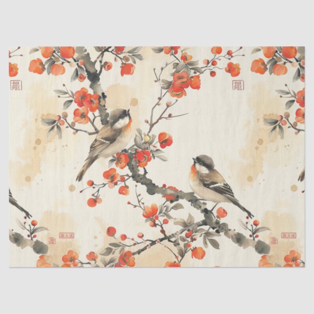 Oriental Songbirds and Blossom - Traditional Asian Seidenpapier (Vorderseite)