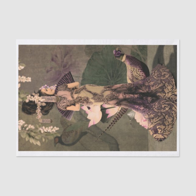 Oriental Woman Pheasant Peony Portrait Seidenpapier (Vorderseite)