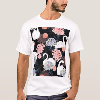 Orientale blühende Blume Schwanenmuster T-Shirt