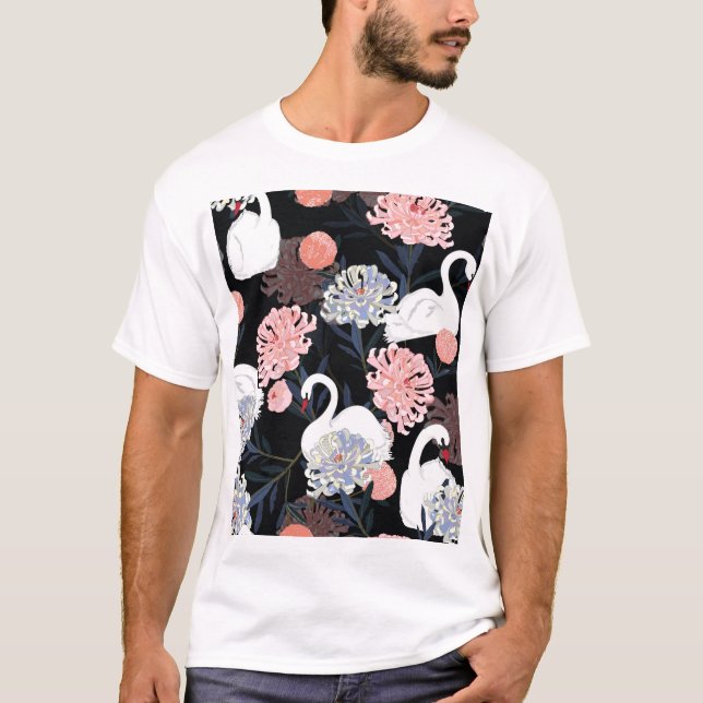 Orientale blühende Blume Schwanenmuster T-Shirt (Vorderseite)