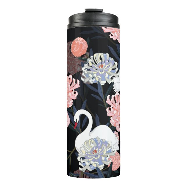 Orientale blühende Blume Schwanenmuster Thermosbecher (Vorderseite)
