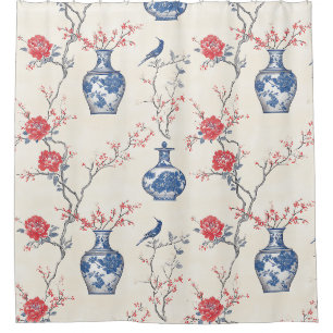 Orientale Eleganz: Blaues Porzellan und Blüten Duschvorhang