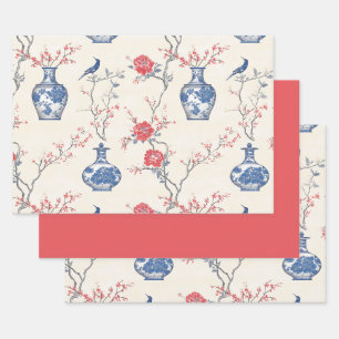 Orientale Eleganz: Blaues Porzellan und Blüten Geschenkpapier Set