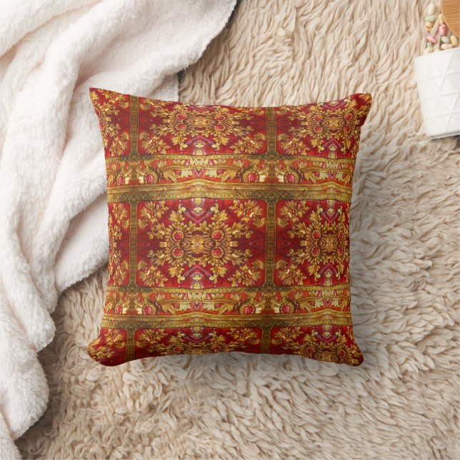 Orientale Rot und Gold Holzschnitzerei Kissen (Decke)
