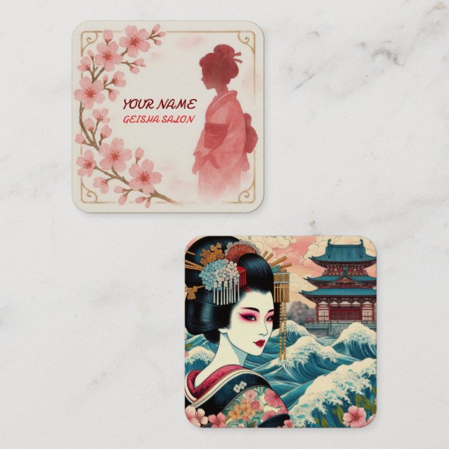 Orientale Schönheit Geisha Salon Aquarellbahn Kuns Quadratische Visitenkarte (Vorne/Hinten)