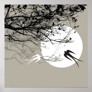 Orientale-Schwalben im Mondschein-Zen-Grau-Plakat Poster