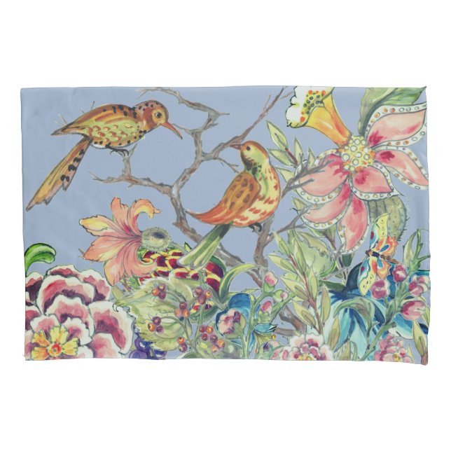 Orientaler Blumengarten mit Vögeln Chinoiserie Bla Kissenbezug (Vorderseite)