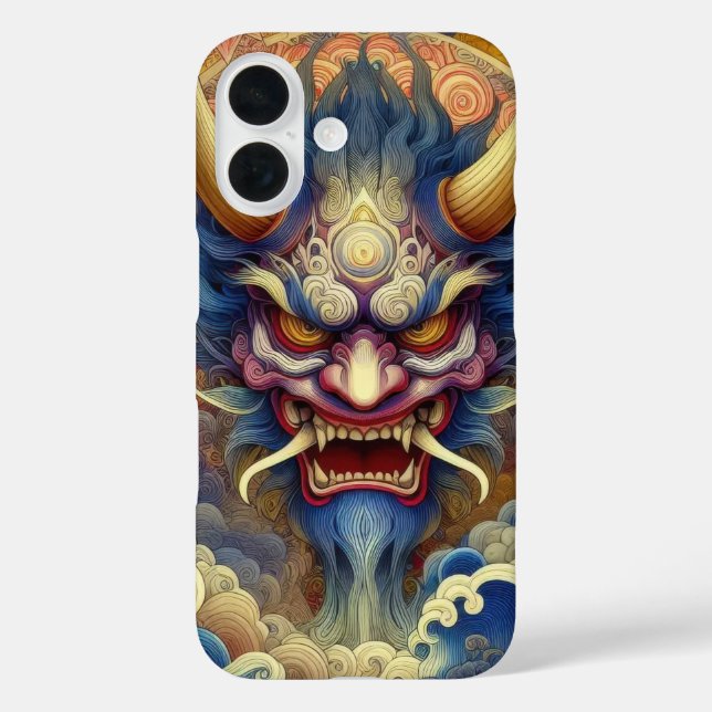 Orientales Fraktal abstrakt Oni-Dämon iPhone 16 Hülle (Rückseite)
