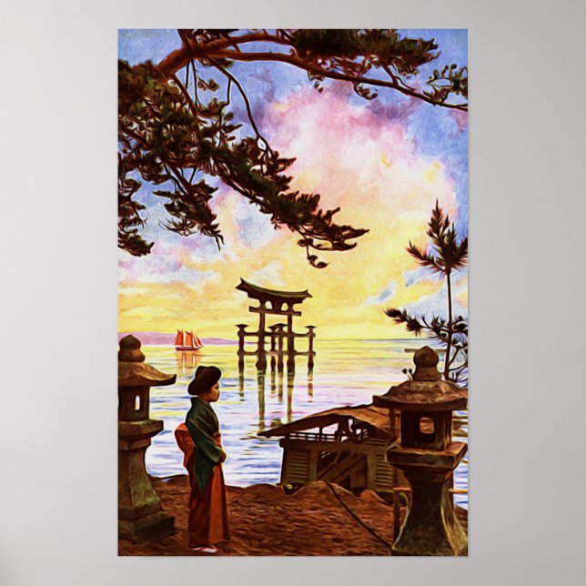 Orientales japanisches Malerei Shinto Tor in Wasse Poster (Vorne)
