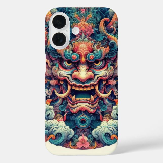 Orientalisch abstrakt Oni-Dämon-Tattoo iPhone 16 Hülle (Rückseite)