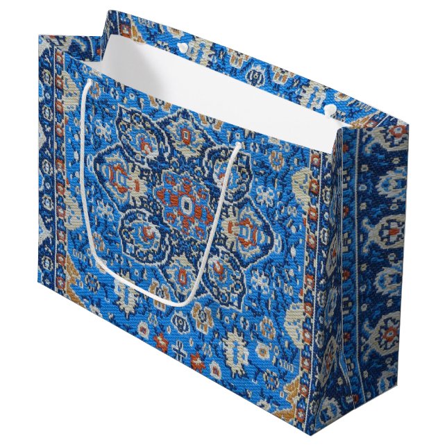Orientalisch Blau Türkischer Persischer Teppich Große Geschenktüte (Vorderseite Schrägansicht)