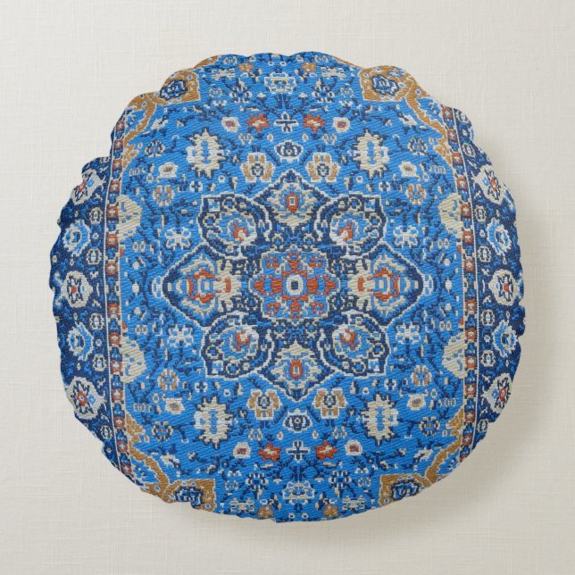 Orientalisch Blau Türkischer Persischer Teppichsch Rundes Kissen (Vorderseite)