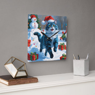 Orientalisch Blaue Katze sitzt im Schnee mit Weihn Quadratische Wanduhr