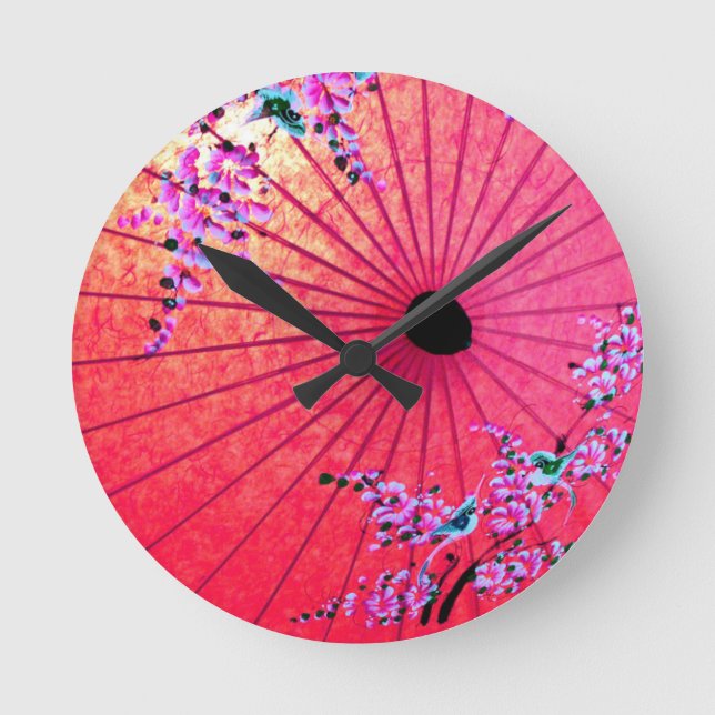 Orientalisch-japanisch-blumenrosa Sonnenschirm Runde Wanduhr (Vorderseite)
