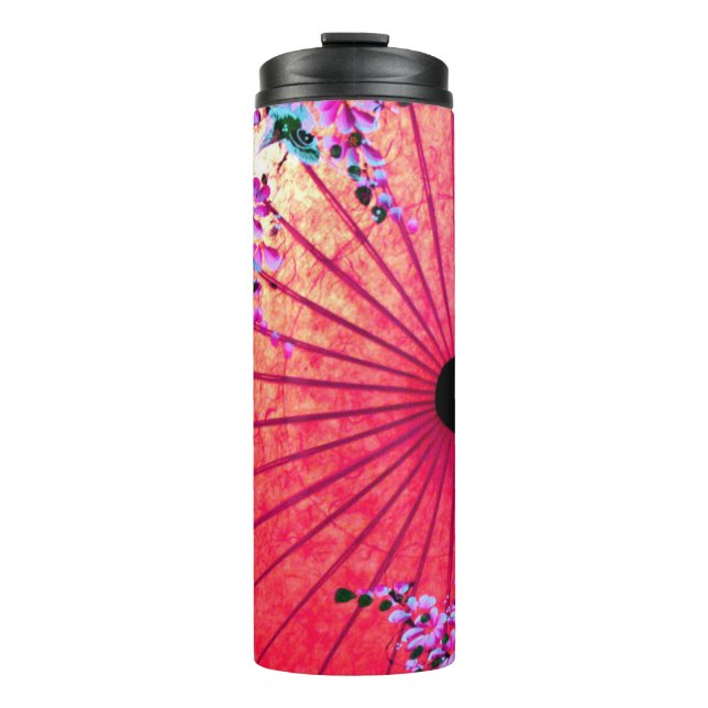 Orientalisch-japanisch-blumenrosa Sonnenschirm Thermosbecher (Vorderseite)