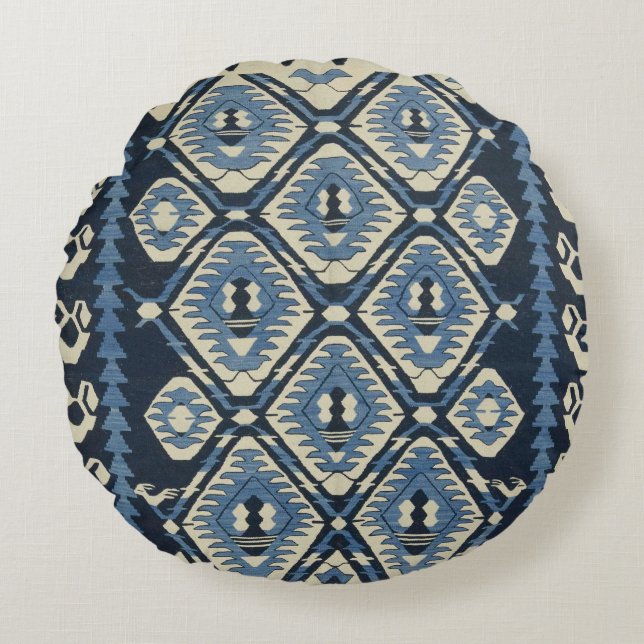 Orientalisch Türkischer Persischer Teppich Blau Rundes Kissen (Vorderseite)