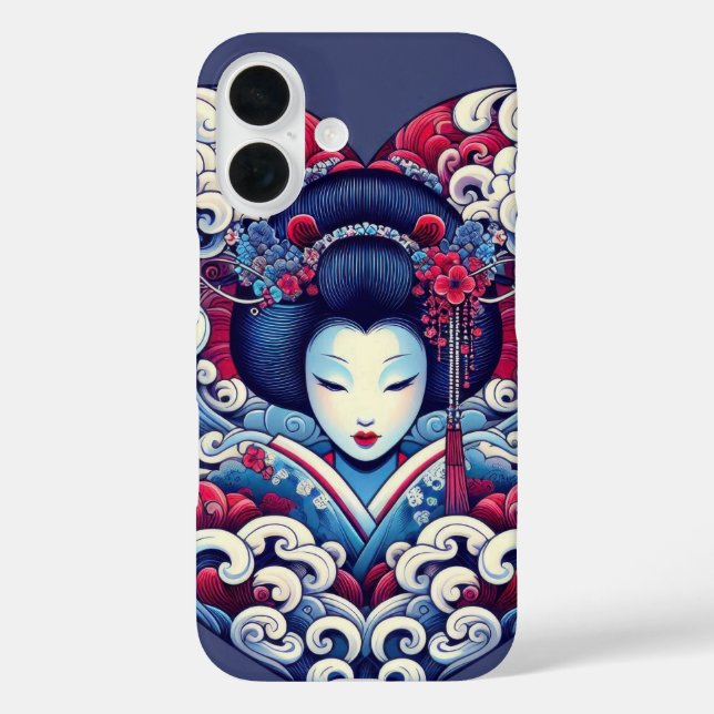 Orientalisch Veilchenblau abstrakte Geisha-Wellen iPhone 16 Hülle (Rückseite)