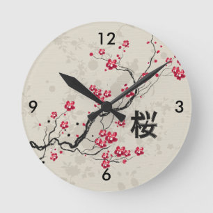 Orientalische Art Sakura Cherry Blossom Art Runde Wanduhr