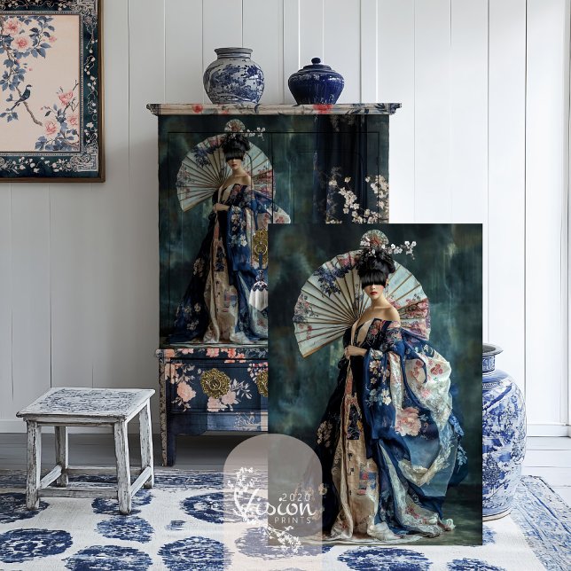 Orientalische Ästhetik Elegant Geisha Portrait Seidenpapier (Elegant Geisha Portrait Beauty, cherry blossom & fan couture, furniture decoupage tissue paper)